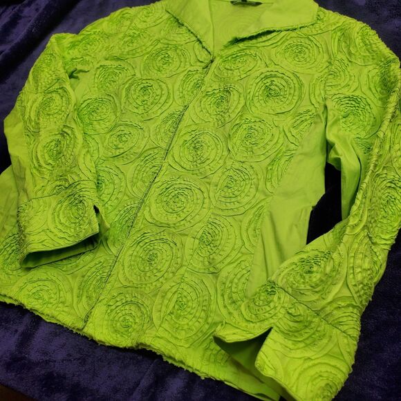 Samuel Dong Women's Size M Green Jacket Tattered Rosette Full Zip Eclectic Artsy - Picture 6 of 16